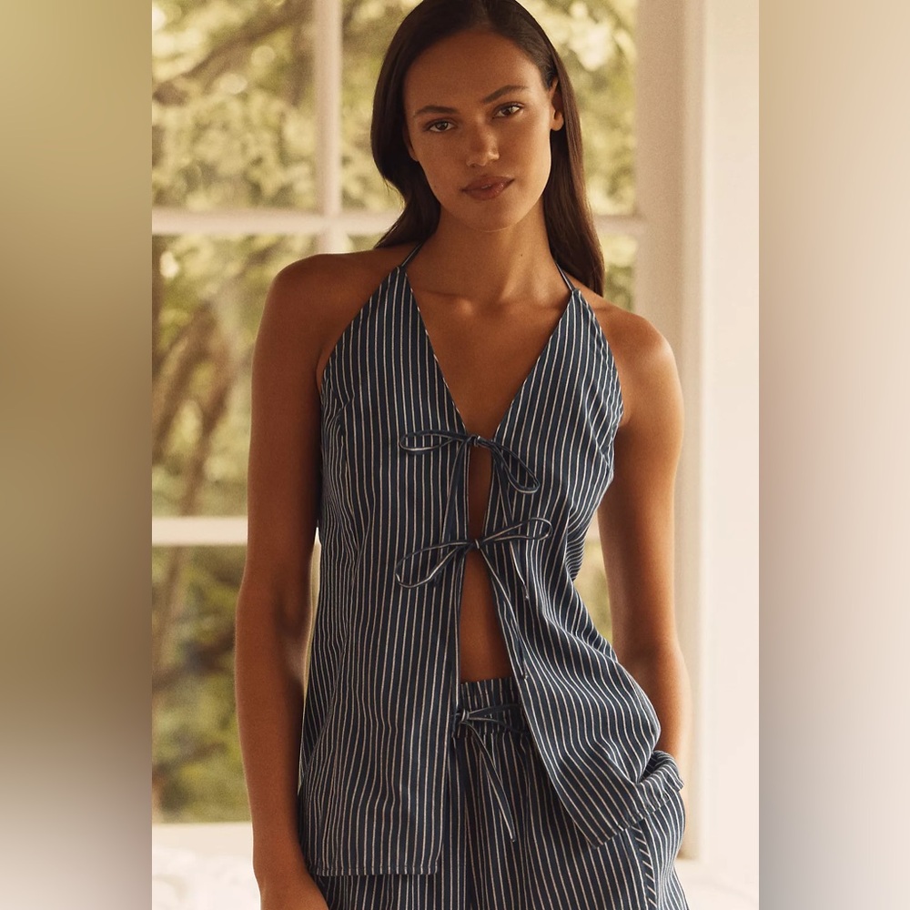 ANTHROPOLOGIE LyreBird Tie Front Top M Navy Pinstripe $68 Retail NWT